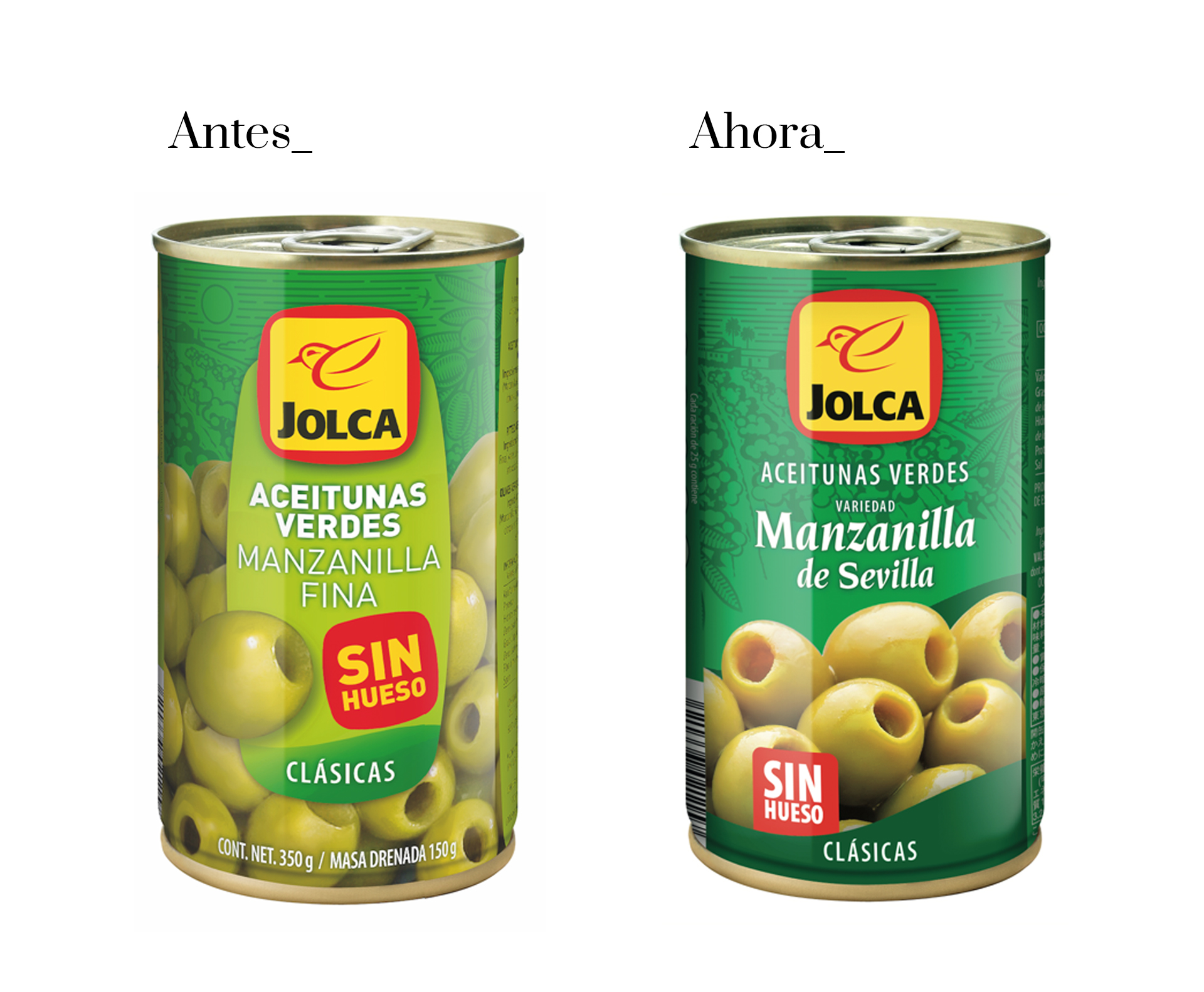 Restyling packaging de aceitunas verdes de Jolca